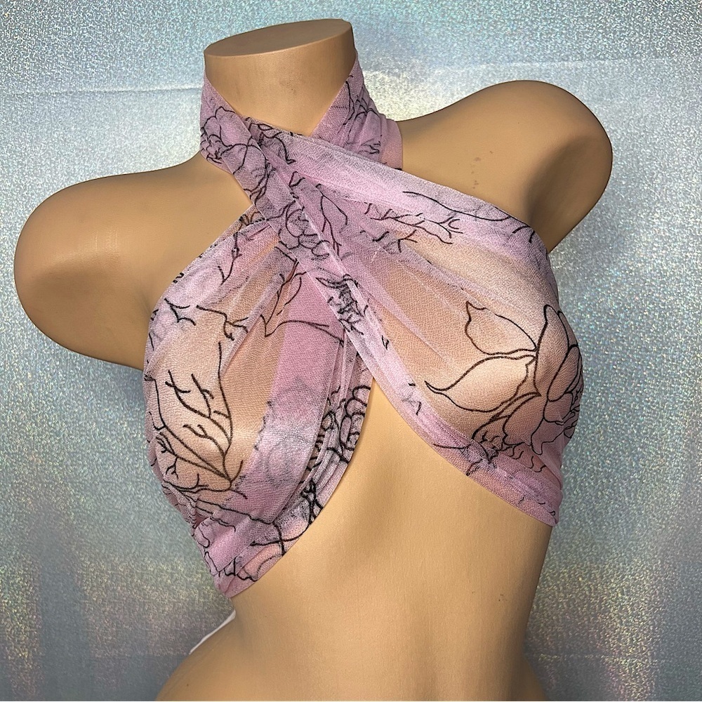 Beach coverup bathing suit top pink floral black flowers from Miami Florida 🎀